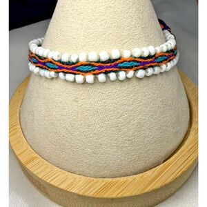 Aztec Pattern Seed Bead Friendship Bracelet Orange Aquamarine White Border